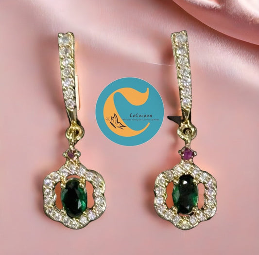 Crown-Style AD Earrings with Green Stone