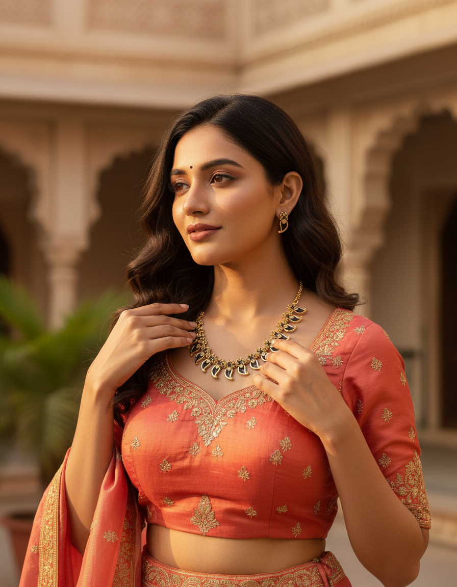 Leaf Motif Necklace Set with Earrings Green & Black