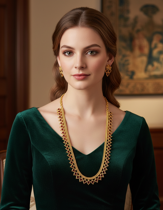 Heart Long Necklace Set with Earrings–Antique Gold Finish