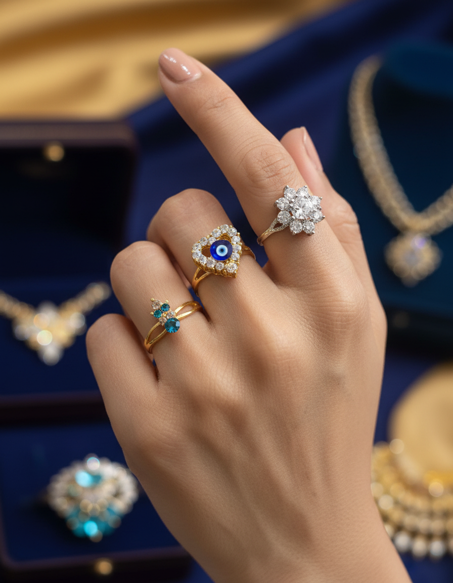 Evil Eye Charm Adjustable Ring Set (Set of 3) – Multi Colour Variants