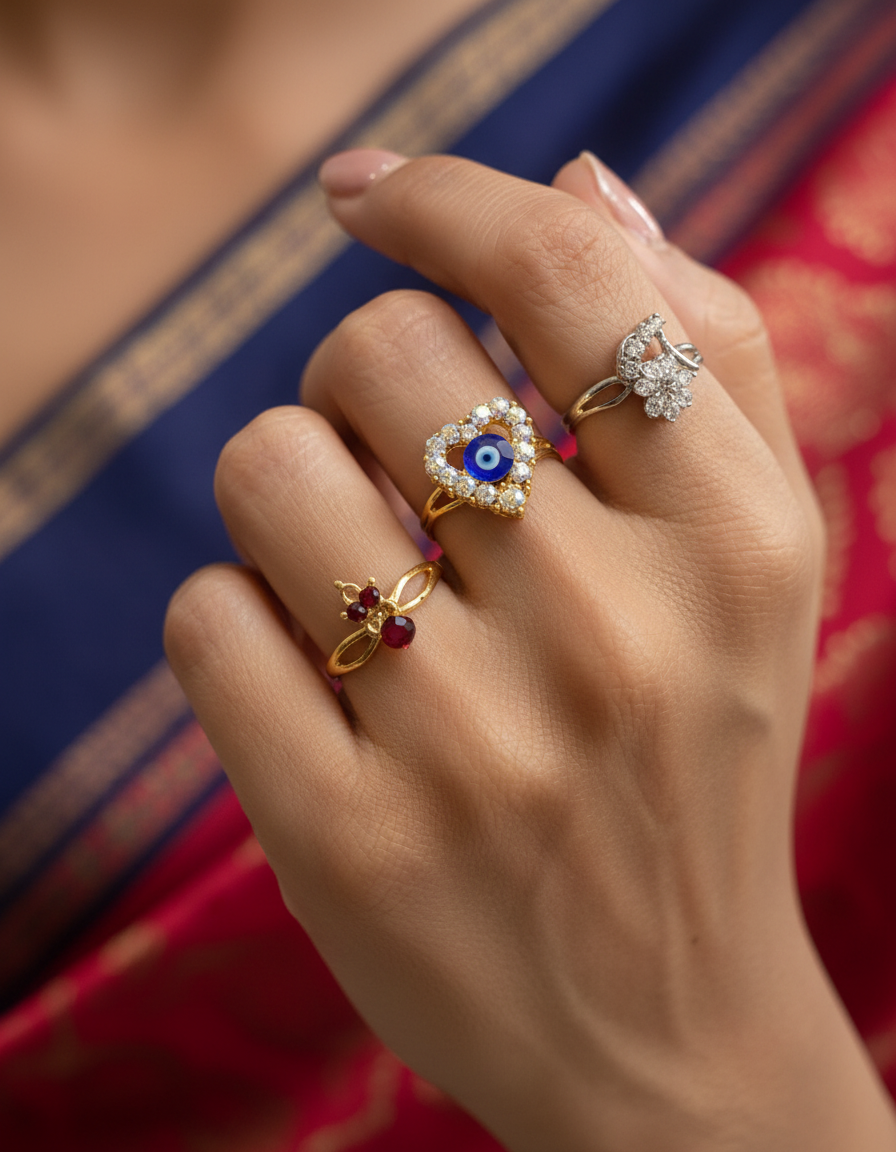 Evil Eye Charm Adjustable Ring Set (Set of 3) – Multi Colour Variants