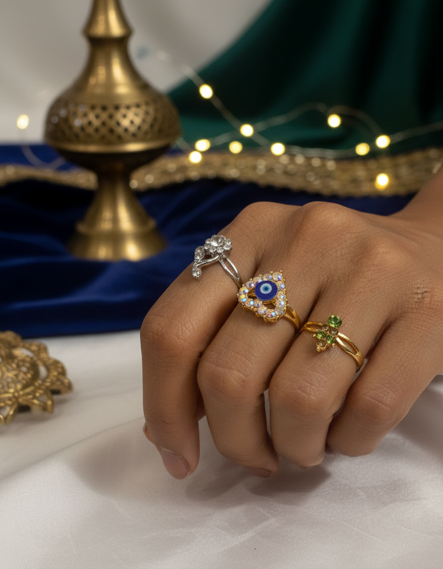 Evil Eye Crystal Adjustable Ring Set (Set of 3) – Premium Variants