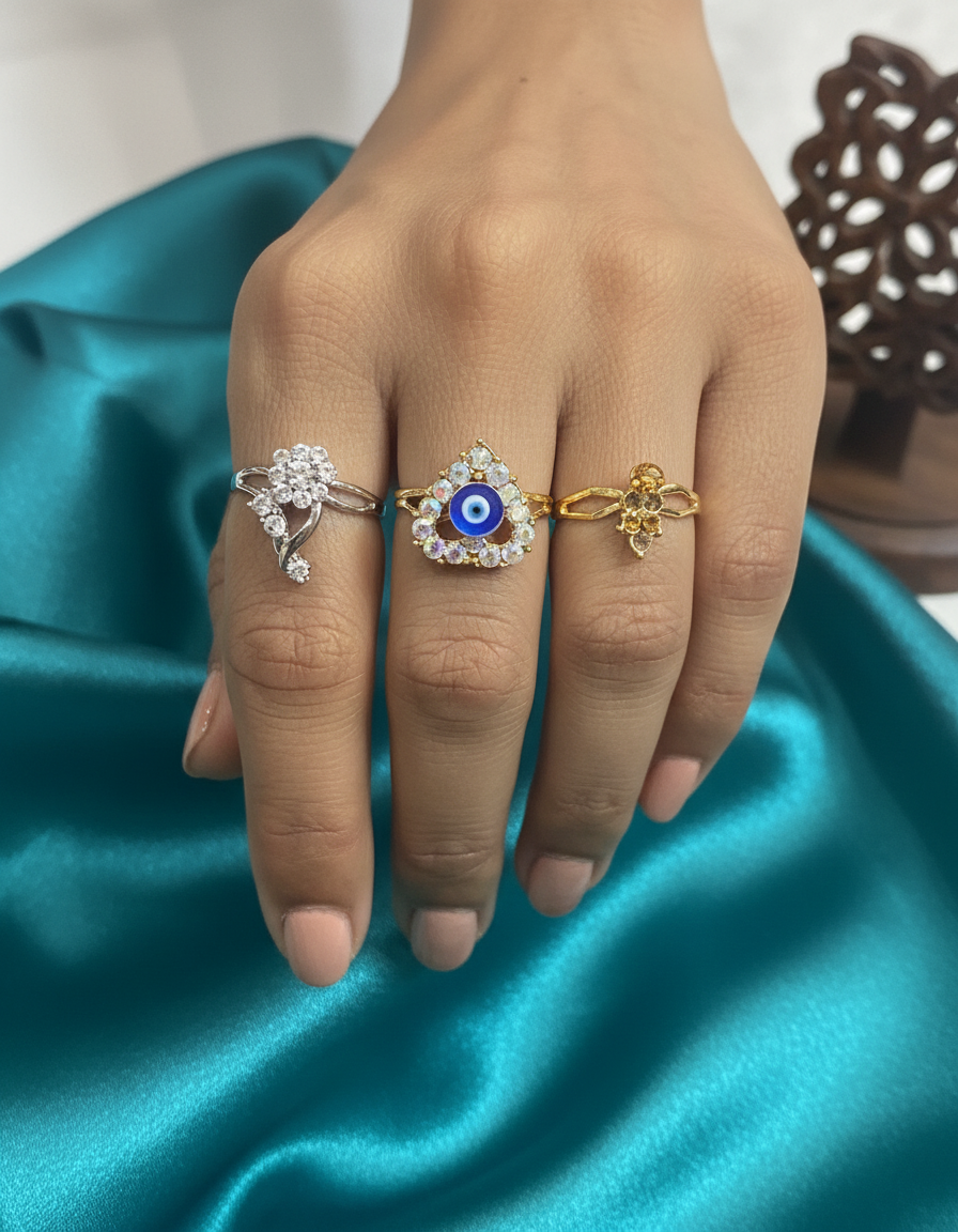 Evil Eye Crystal Adjustable Ring Set (Set of 3) – Premium Variants