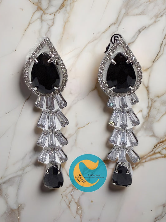 Midnight Elegance American Diamond Long Drop Earrings