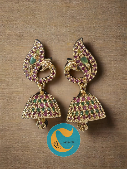 American Diamond Peacock Grace Ruby–Emerald Jhumka Earrings