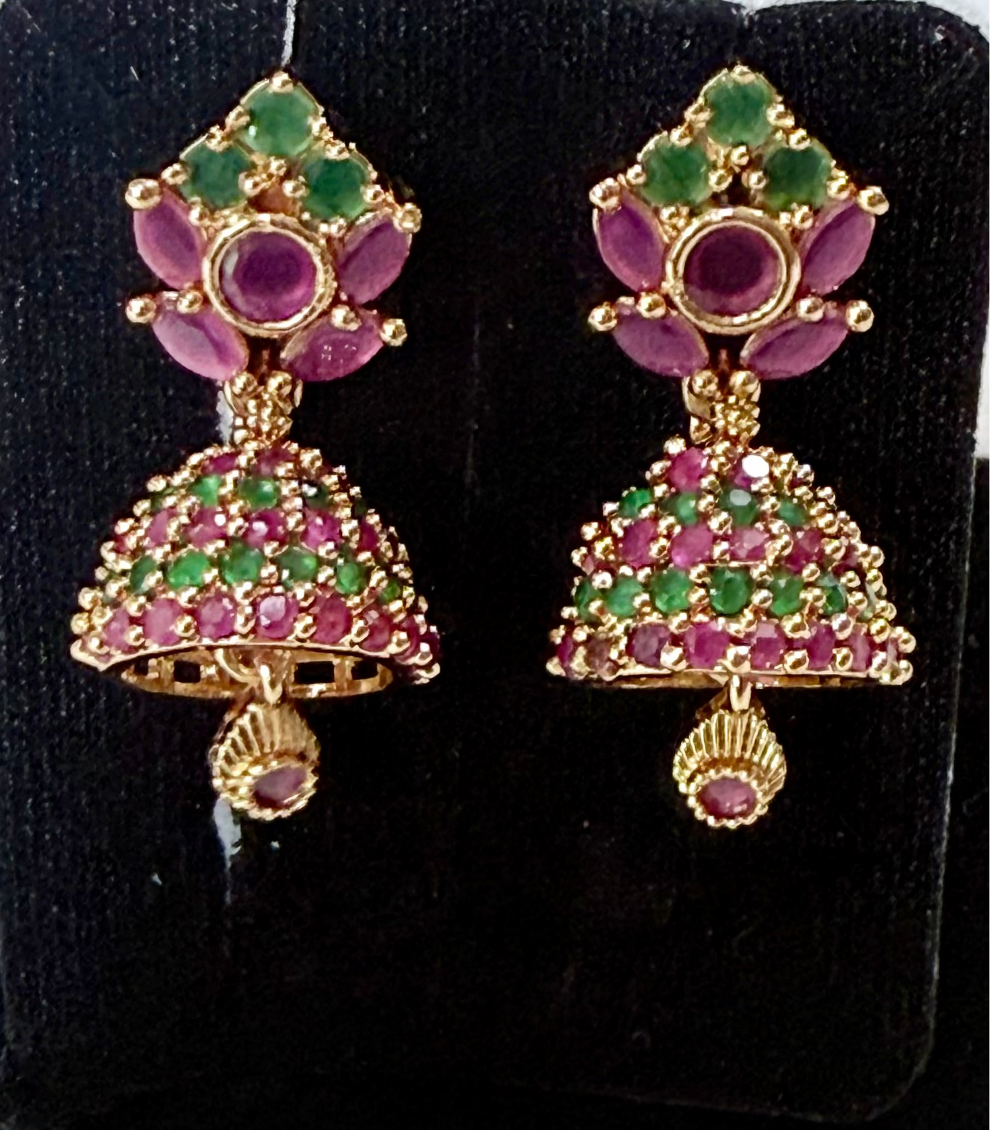Peacock Garden Ruby–Emerald Jhumka Earrings