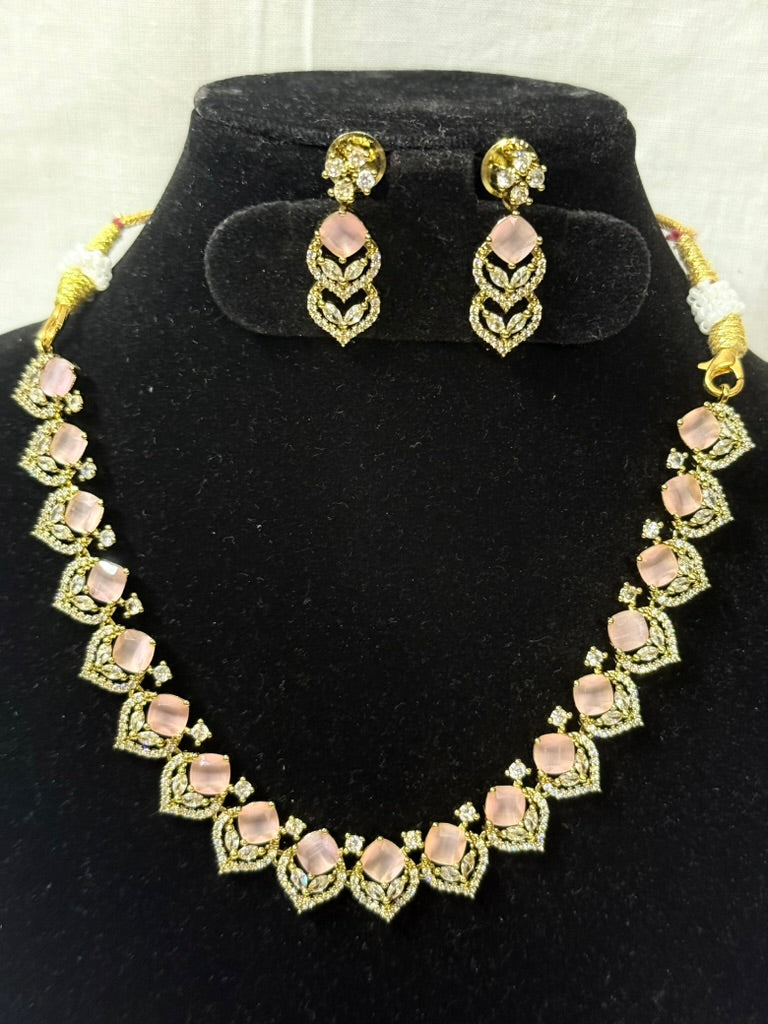 Baby Pink American Diamond Necklace Set with Earrings