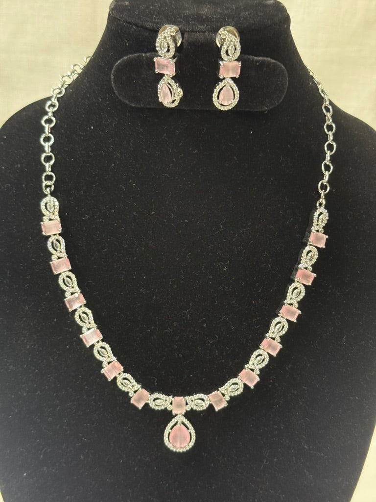 Baby Pink American Diamond Necklace Set with Earrings
