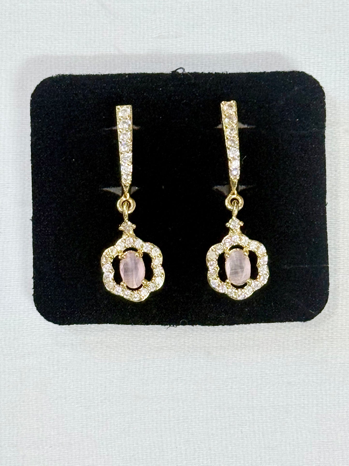 Crown-Style AD Earrings with Rose Quartz Stone