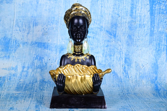 Golden Grace Giver | 28cm African Lady Resin Sculpture with Bowl