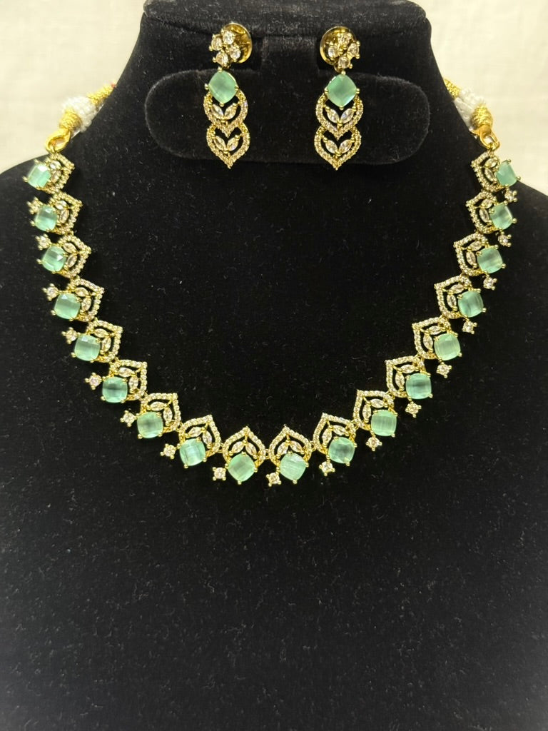 Emerald Green American Diamond Necklace Set with Earrings