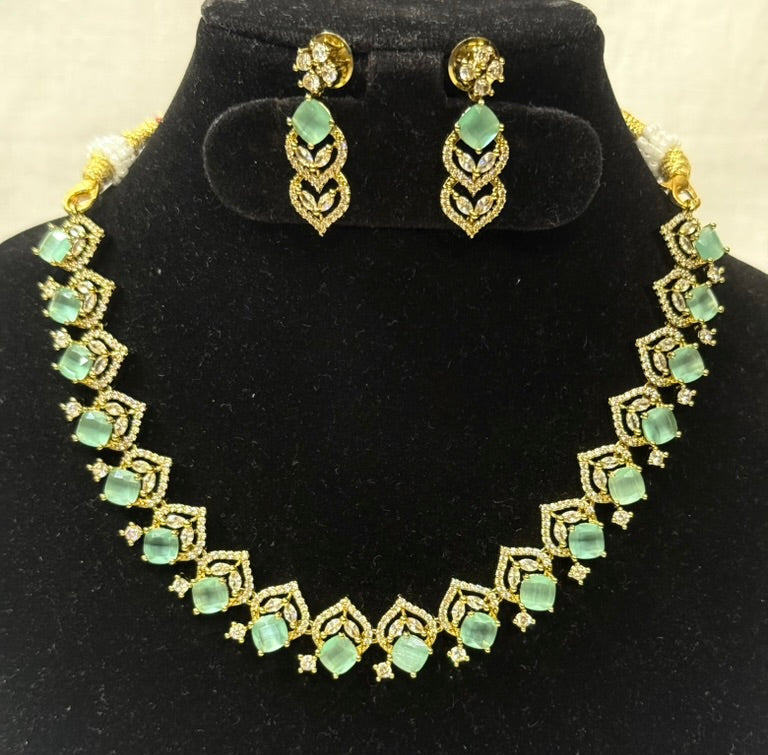 Emerald Green American Diamond Necklace Set with Earrings