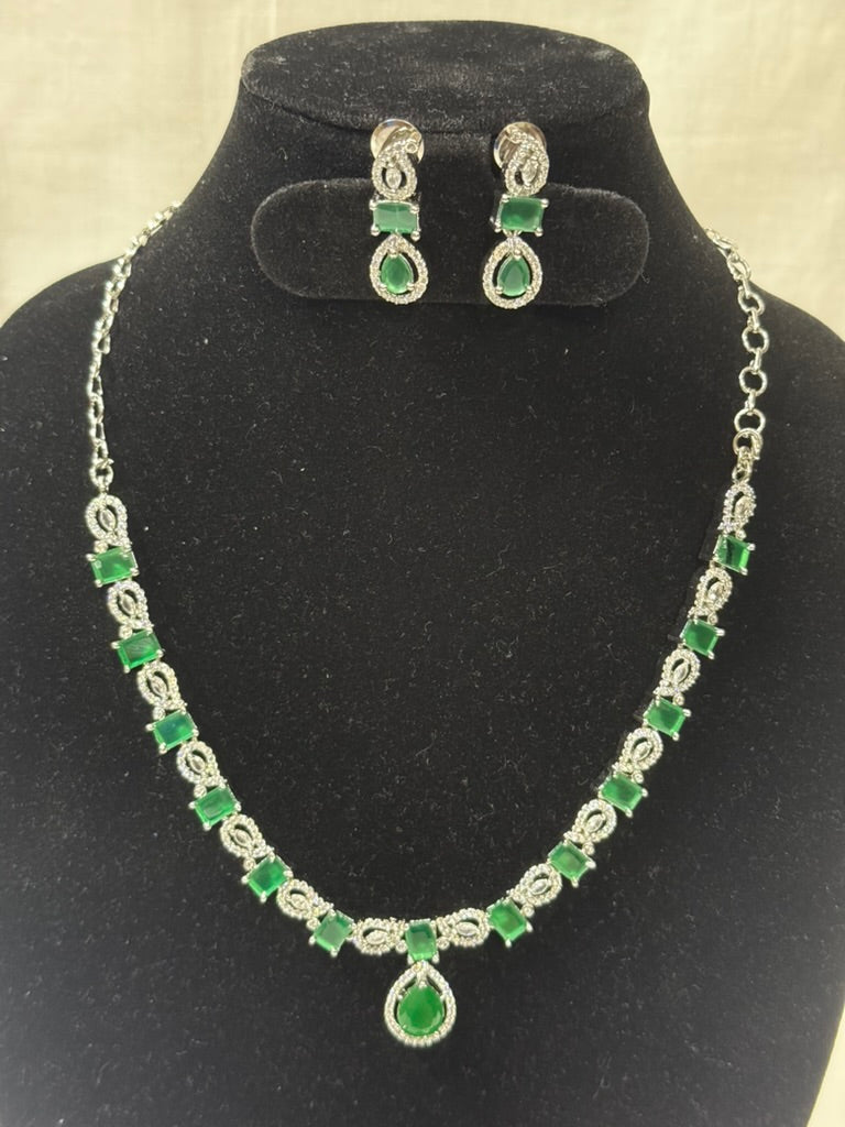 Emerald Green American Diamond Necklace Set with Earrings