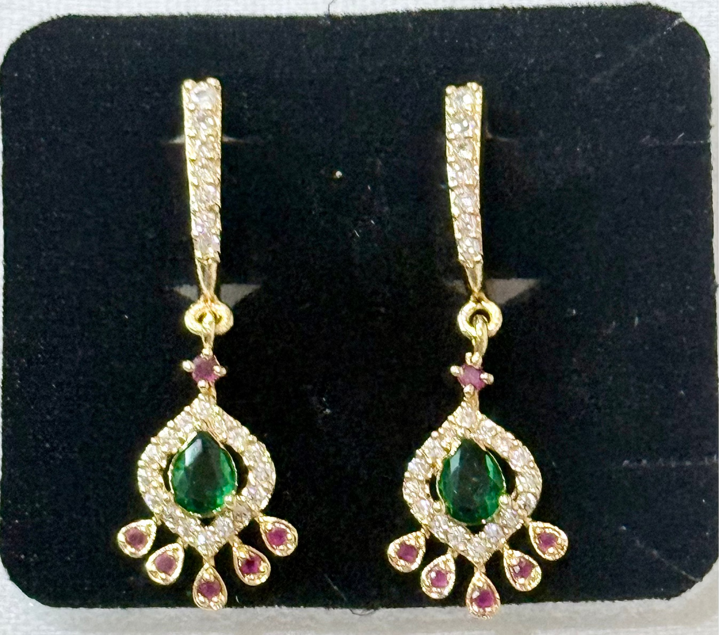 Emerald & Pink Drop American Diamond Dangler Earrings