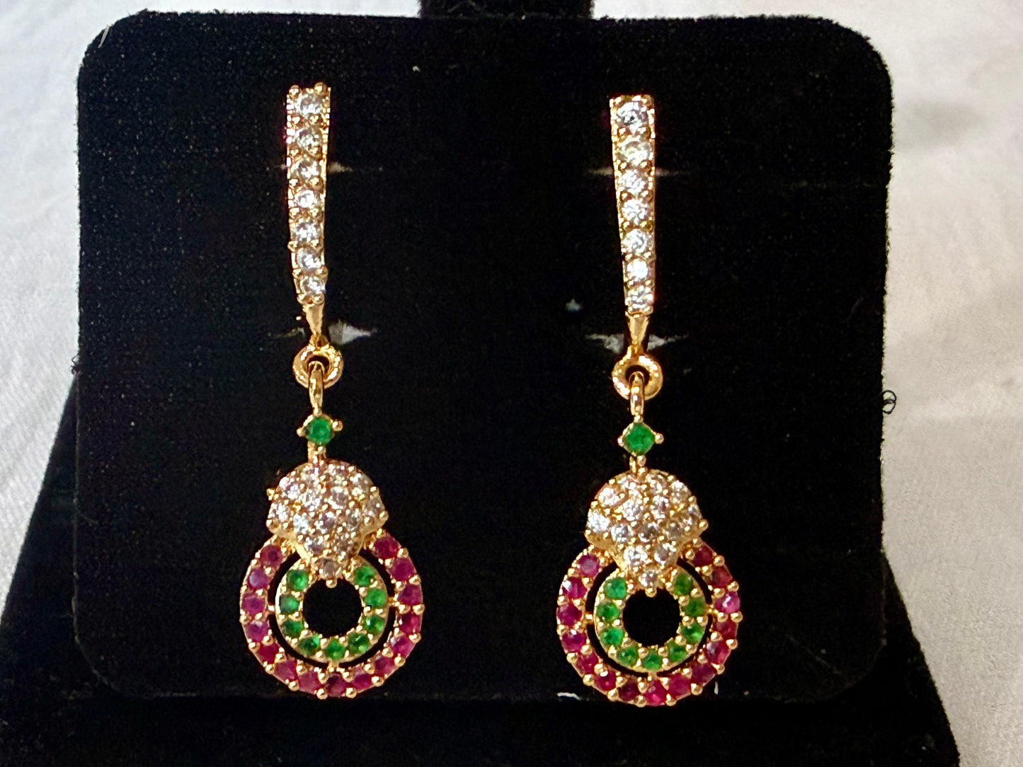 Dual Halo Ruby-Green American Diamond Dangler Earrings