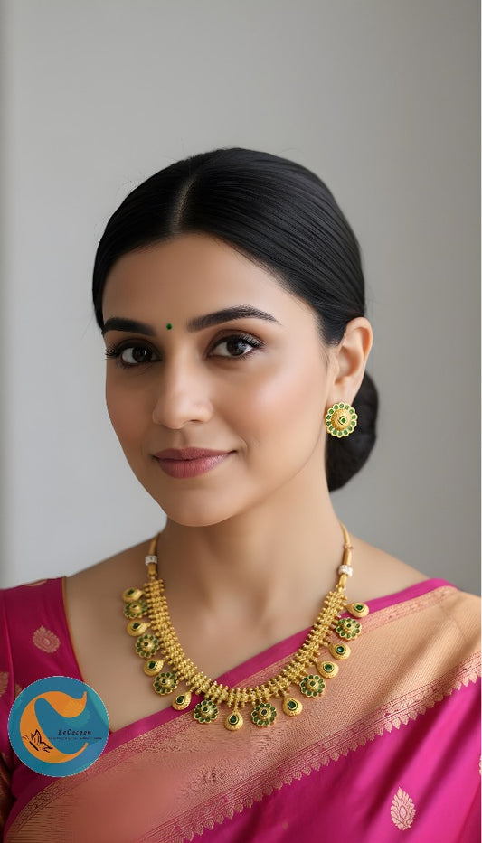 Floral Necklace Set Green Stones