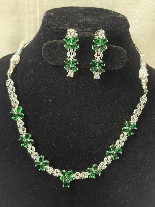 Green Floral American Diamond Necklace Set with Earrings