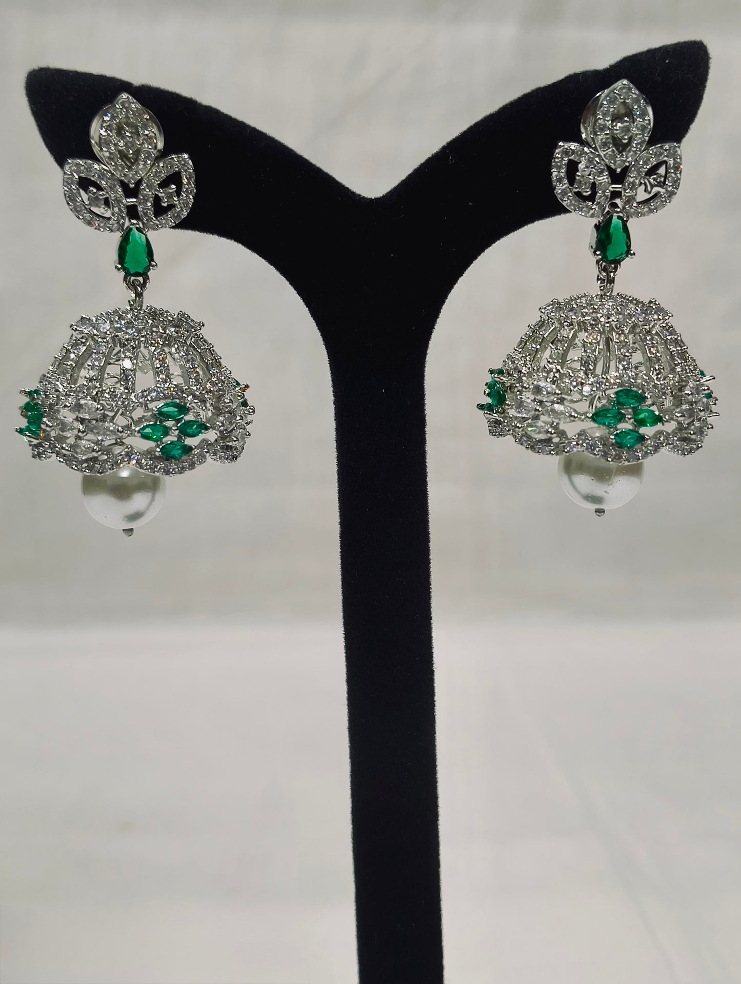 Elegant Emerald & Pearl Drop Earrings | Diamond Finish CZ Stones