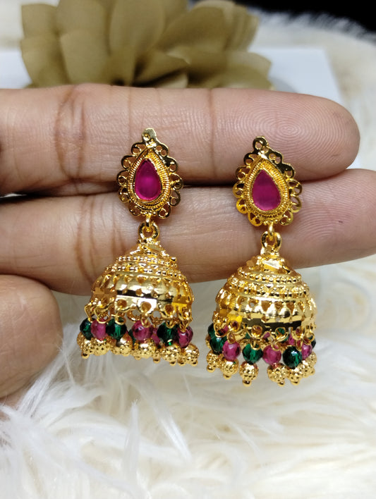 Royal Ruby-Green Temple Jhumka Earrings