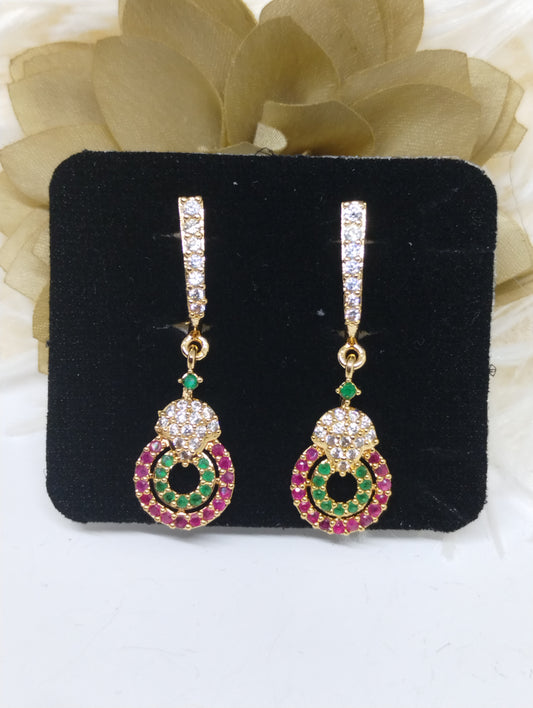 Dual Halo Ruby-Green American Diamond Dangler Earrings