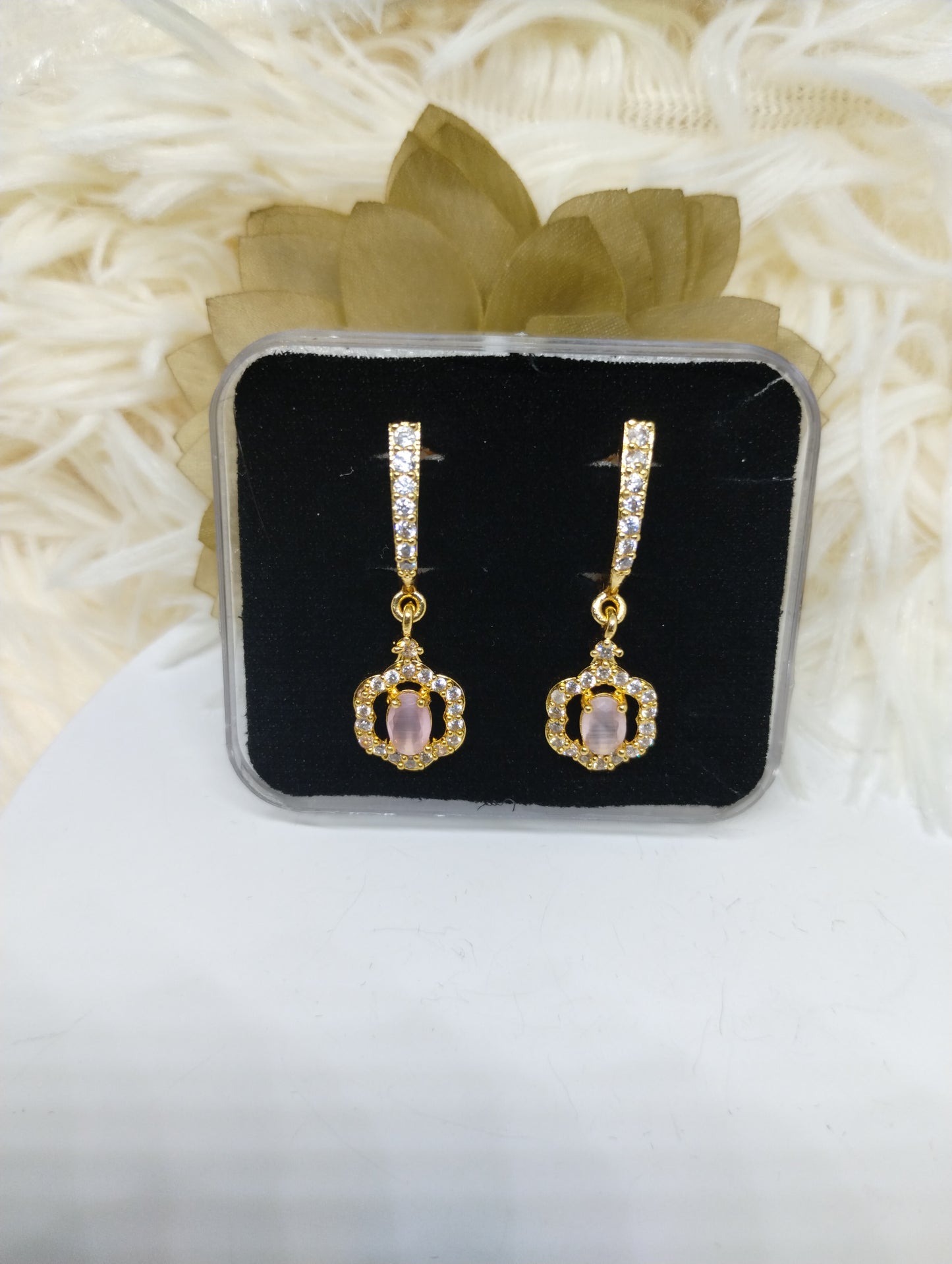 Crown-Style AD Earrings with Rose Quartz Stone