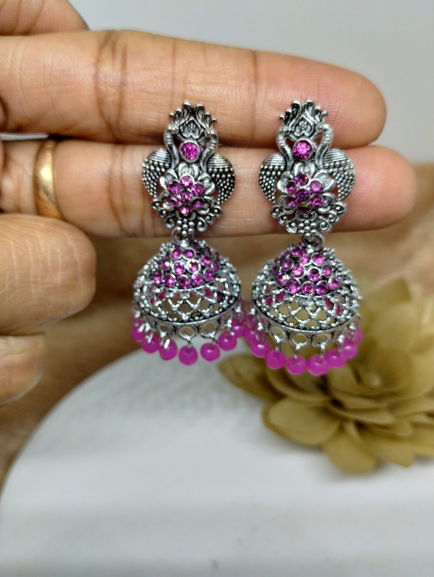 Floral Crystal Oxidised Jhumkas