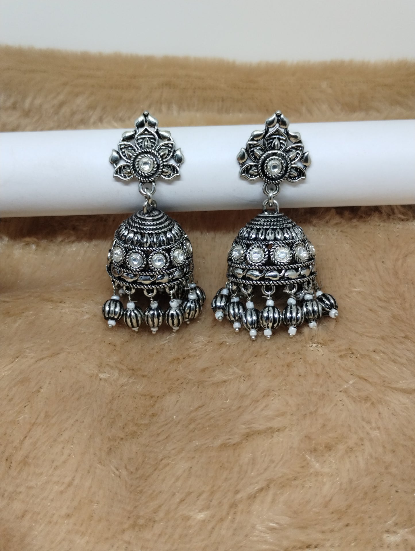Oxidised Dome Jhumka Earrings with Black Crystal Beads