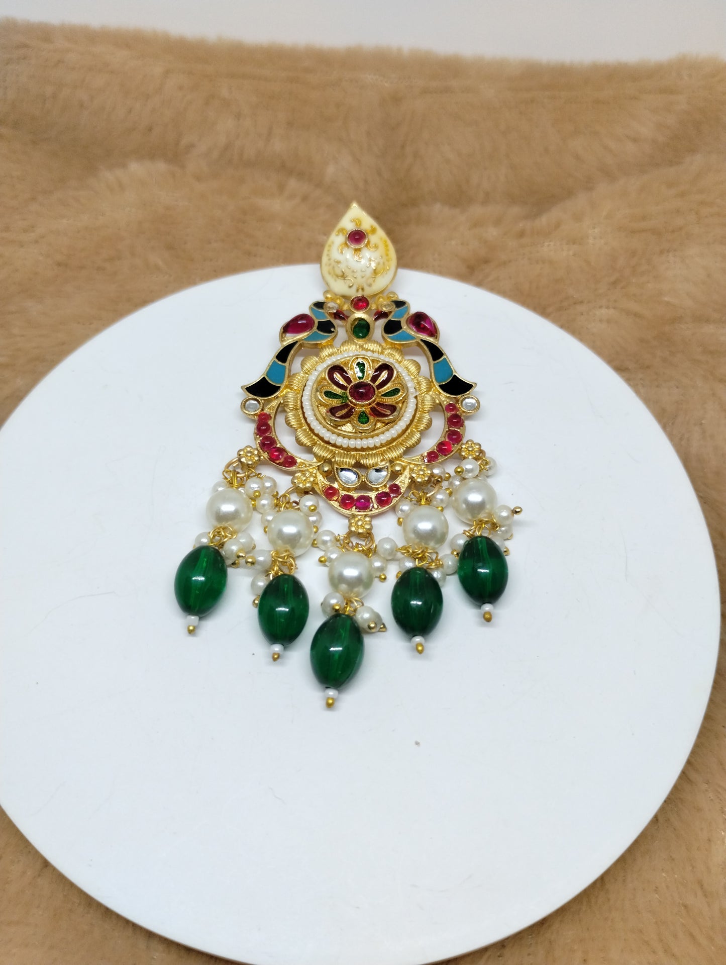 Meenakari Chandbali Earrings with Pearl & Green Bead Drops