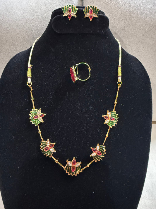 Emerald Lotus Floral Necklace Set with Earrings & Ring
