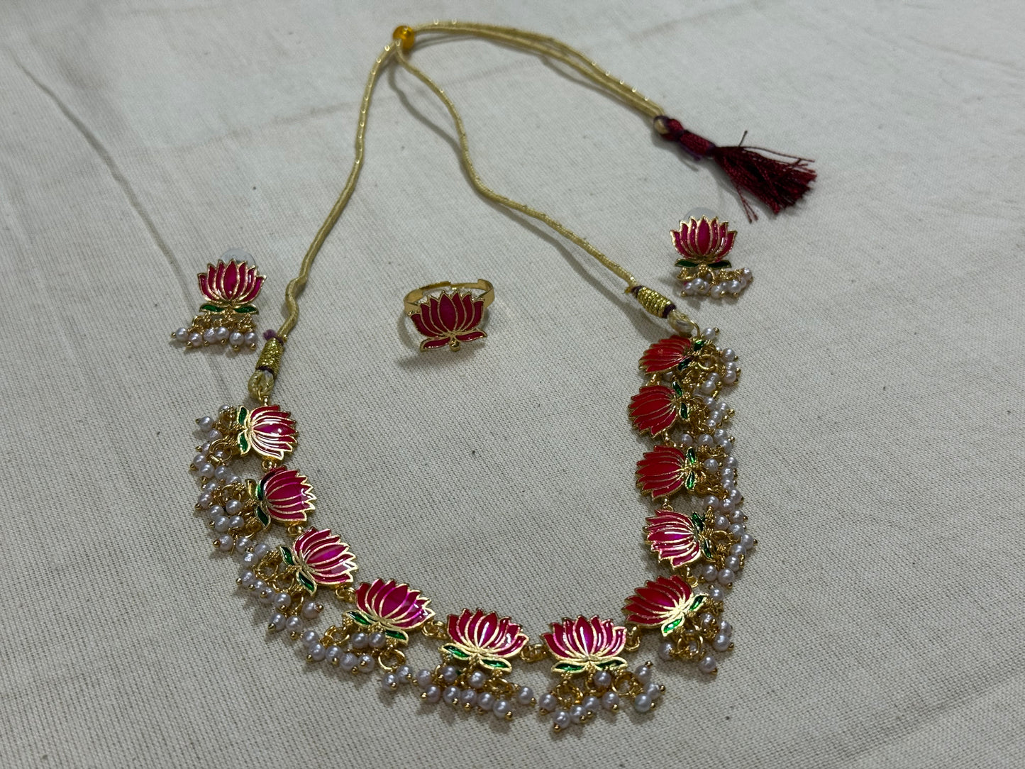 Pink Lotus Pearl Statement Necklace Set