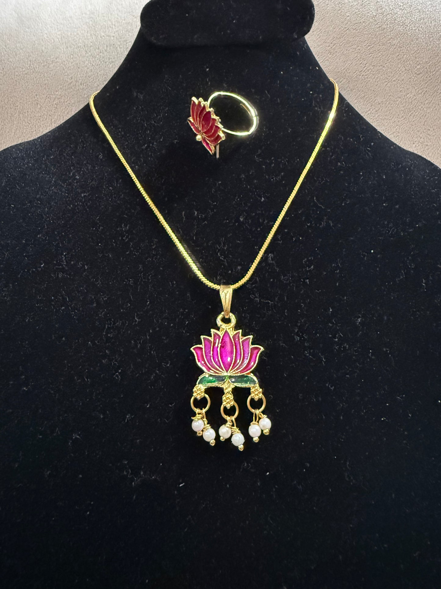 Lotus Enamel Pendant Chain with Pearl Drops & Adjustable Ring