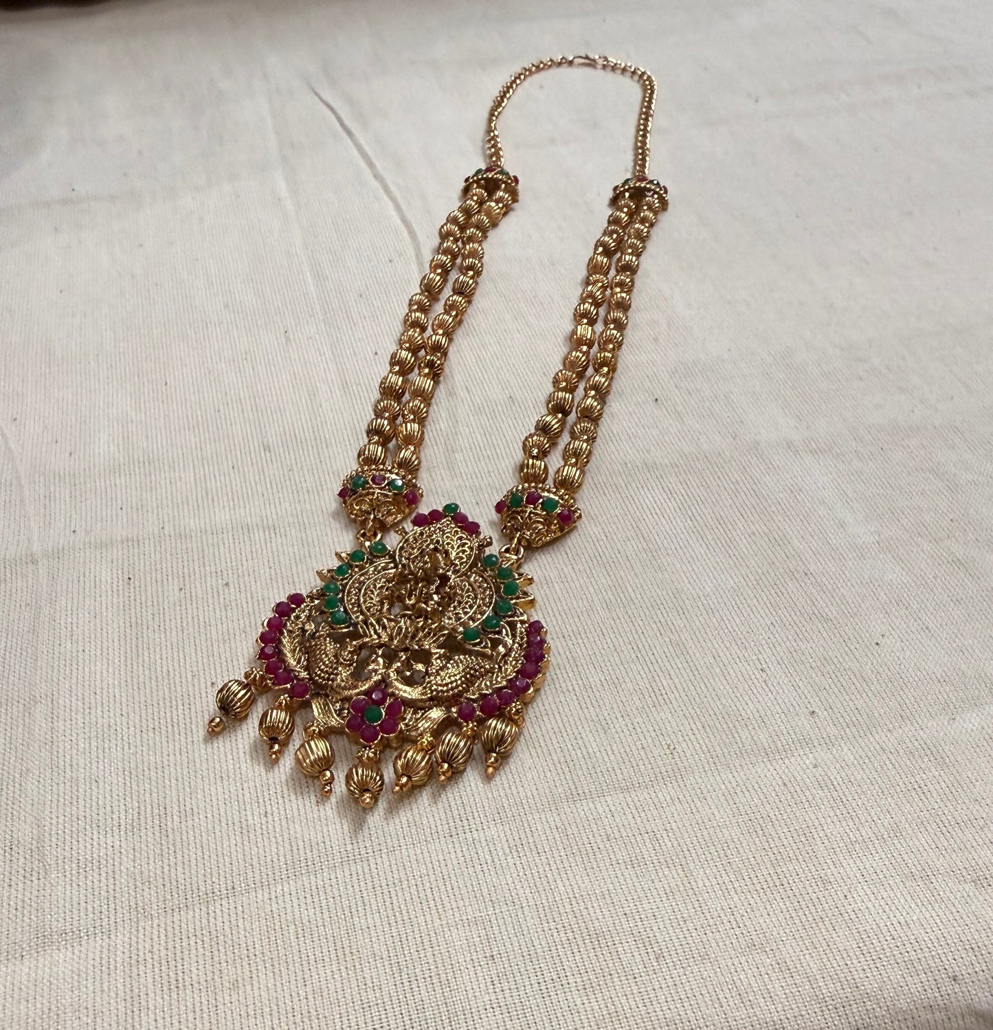 Temple Heritage Pendant Necklace–Pink & Green Stone Work