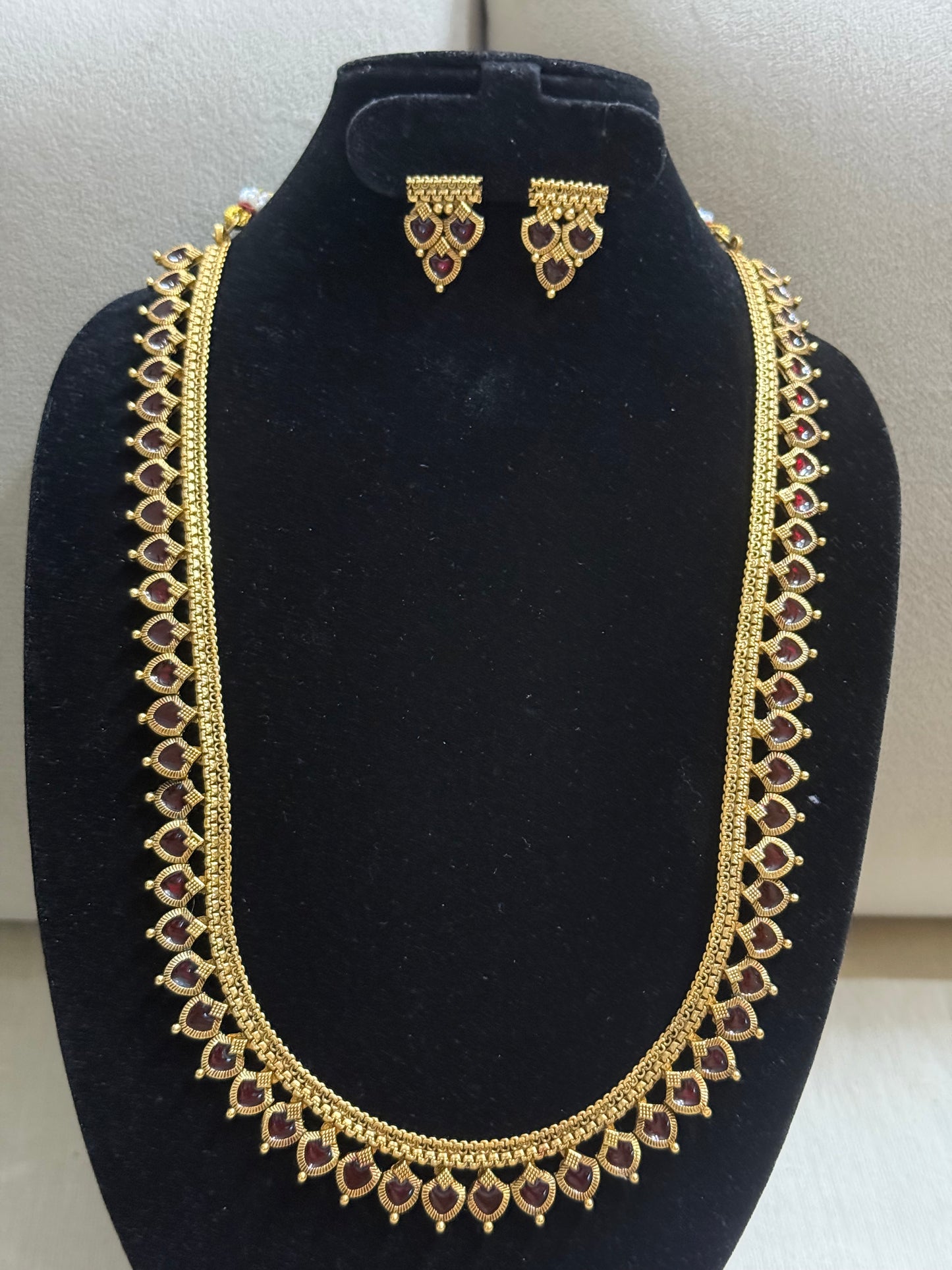 Heart Long Necklace Set with Earrings–Antique Gold Finish