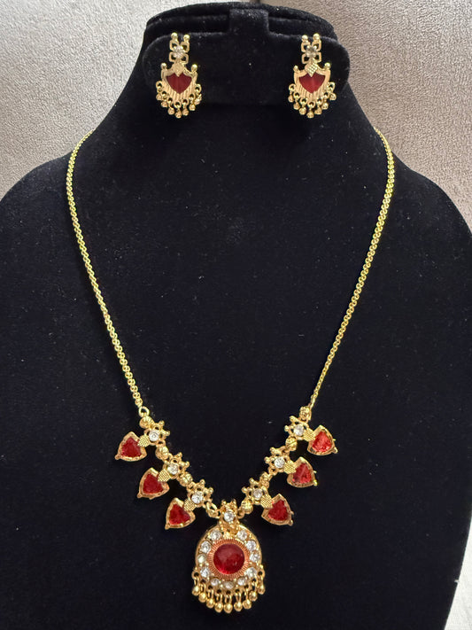 Ruby Drop Statement Necklace Set – Traditional Gold Finish