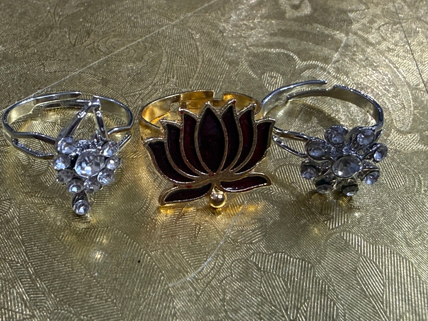 Ruby Red Lotus Elegance Adjustable Ring Set (Set of 3)