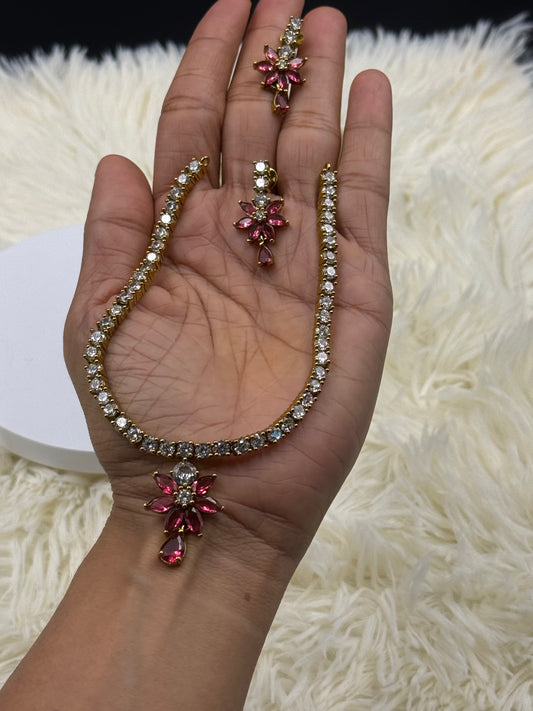 Pink Floral American Diamond Necklace Set with Earrings