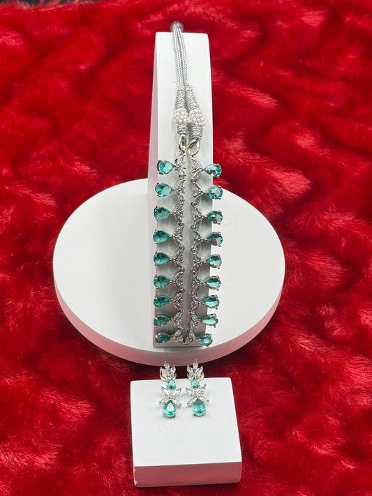 Emerald Green Teardrop American Diamond Necklace Set with Earrings