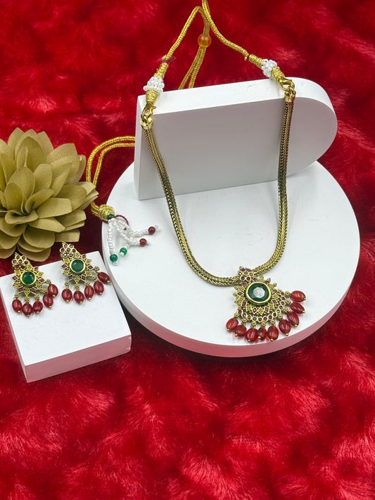 Red-Green Temple Style Necklace Set with Earrings