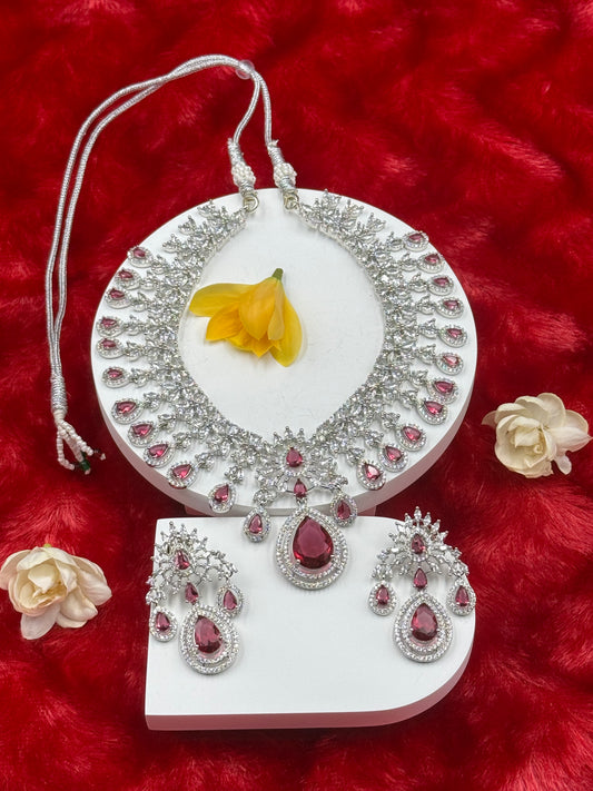 Ruby Red Bridal American Diamond Necklace Set with Earrings