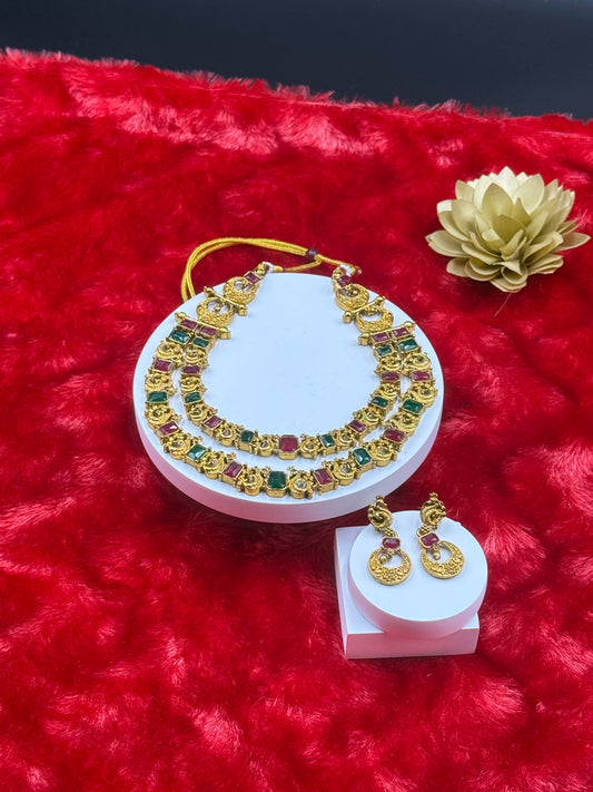 Ruby-Green Dual Tone Kemp Double Layer Necklace Set