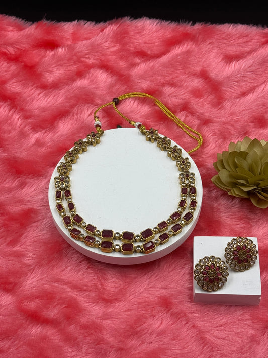 Floral Dual-Layer Stone Necklace Set with Stud Earrings Ruby Red