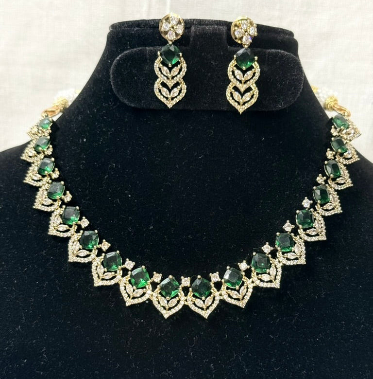 Mint Green American Diamond Necklace Set with Earrings
