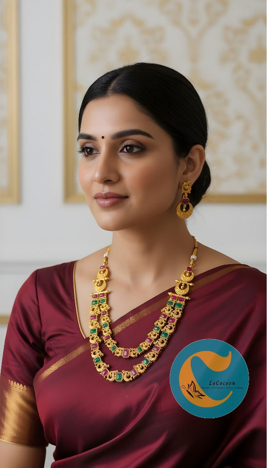 Ruby-Green Dual Tone Kemp Double Layer Necklace Set