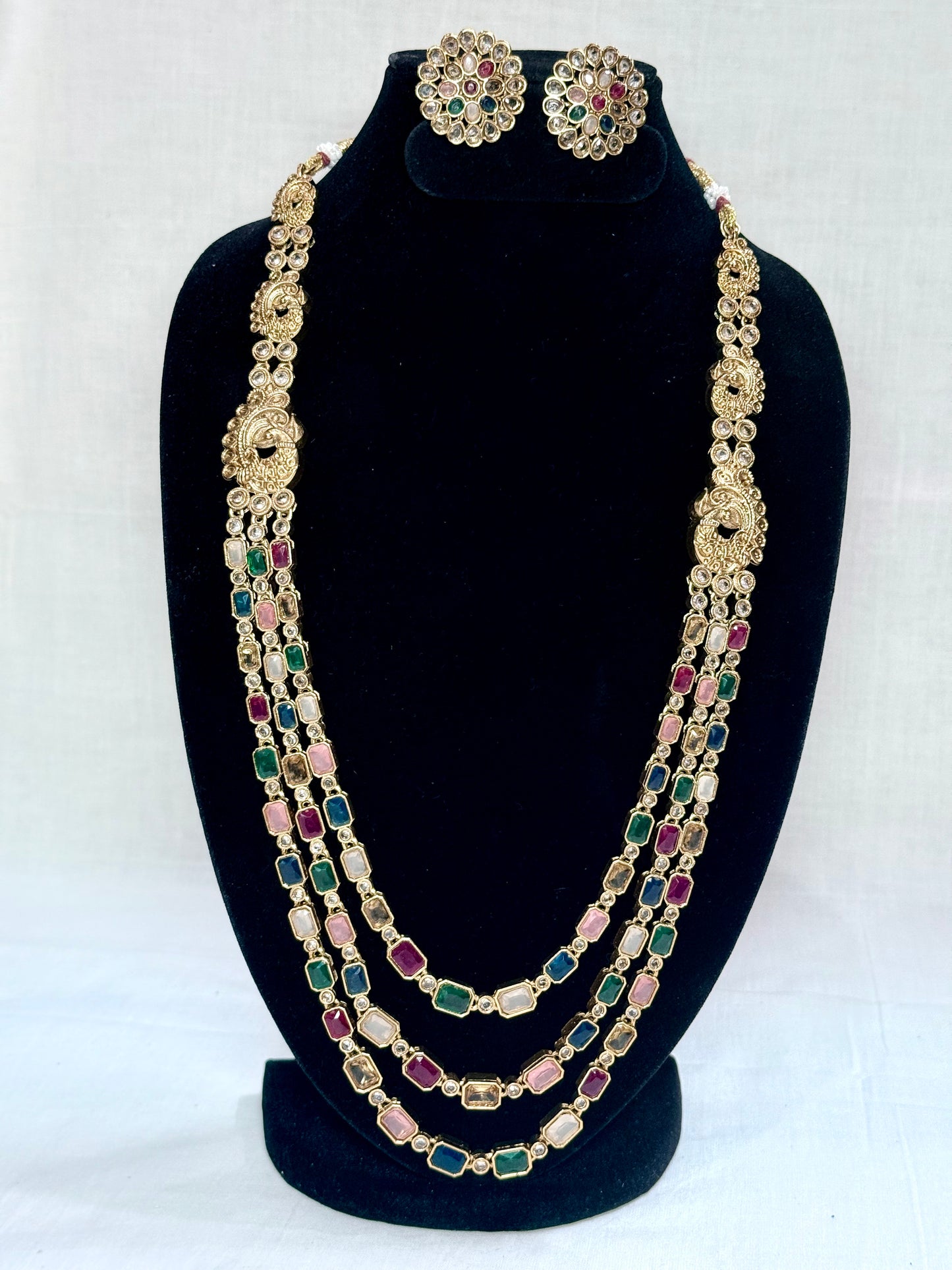 Traditional Kundan Long Layered Necklace Set with Earrings MultiColour