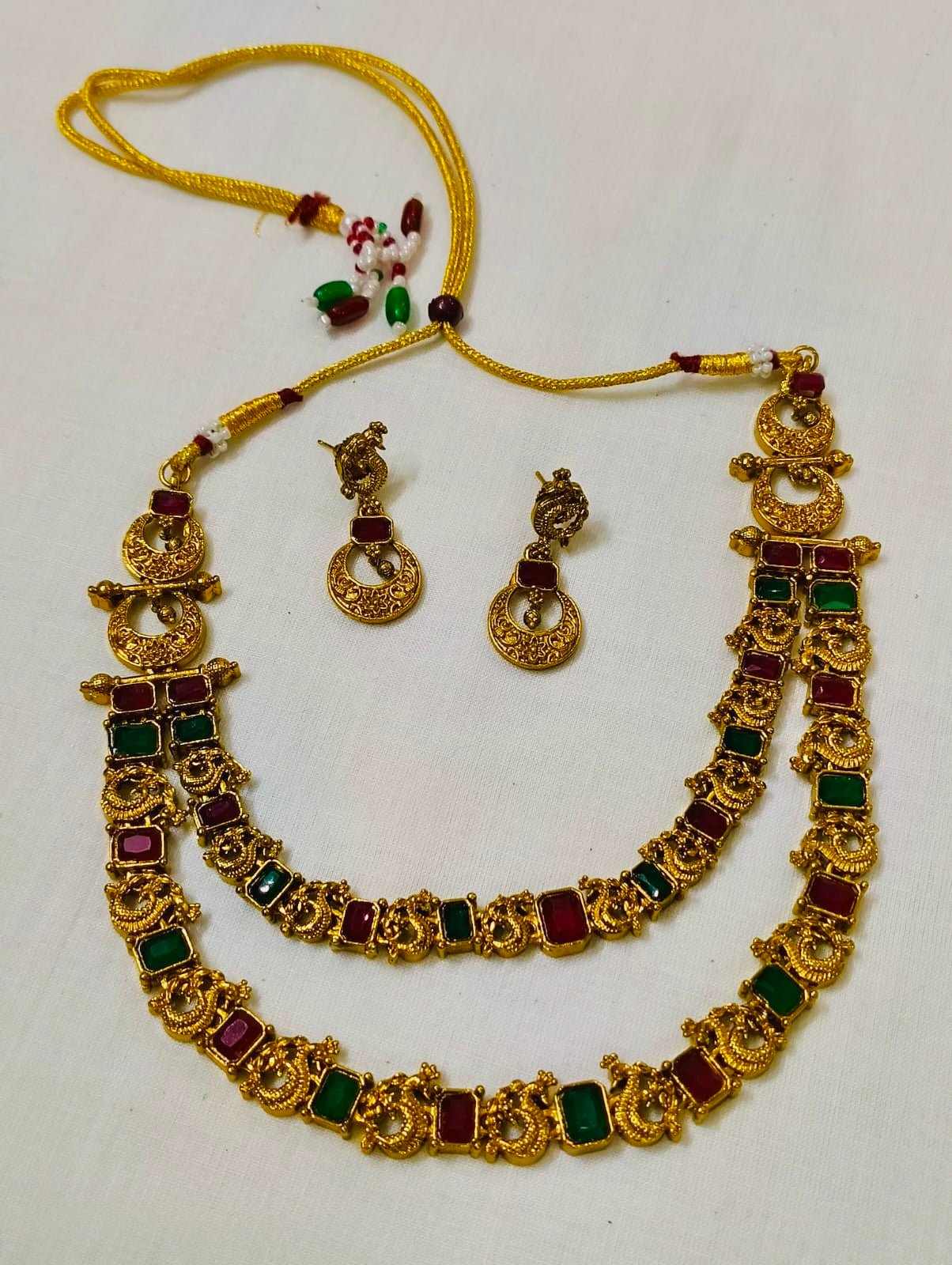 Ruby-Green Dual Tone Kemp Double Layer Necklace Set