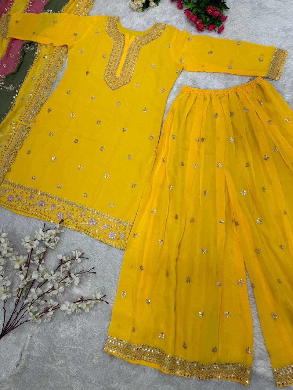 Embroidered Georgette Sharara Suit Set with Dupatta