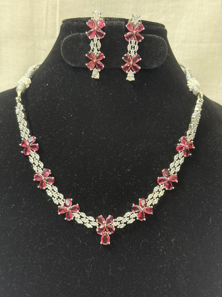 Pink Floral American Diamond Necklace Set with Earrings