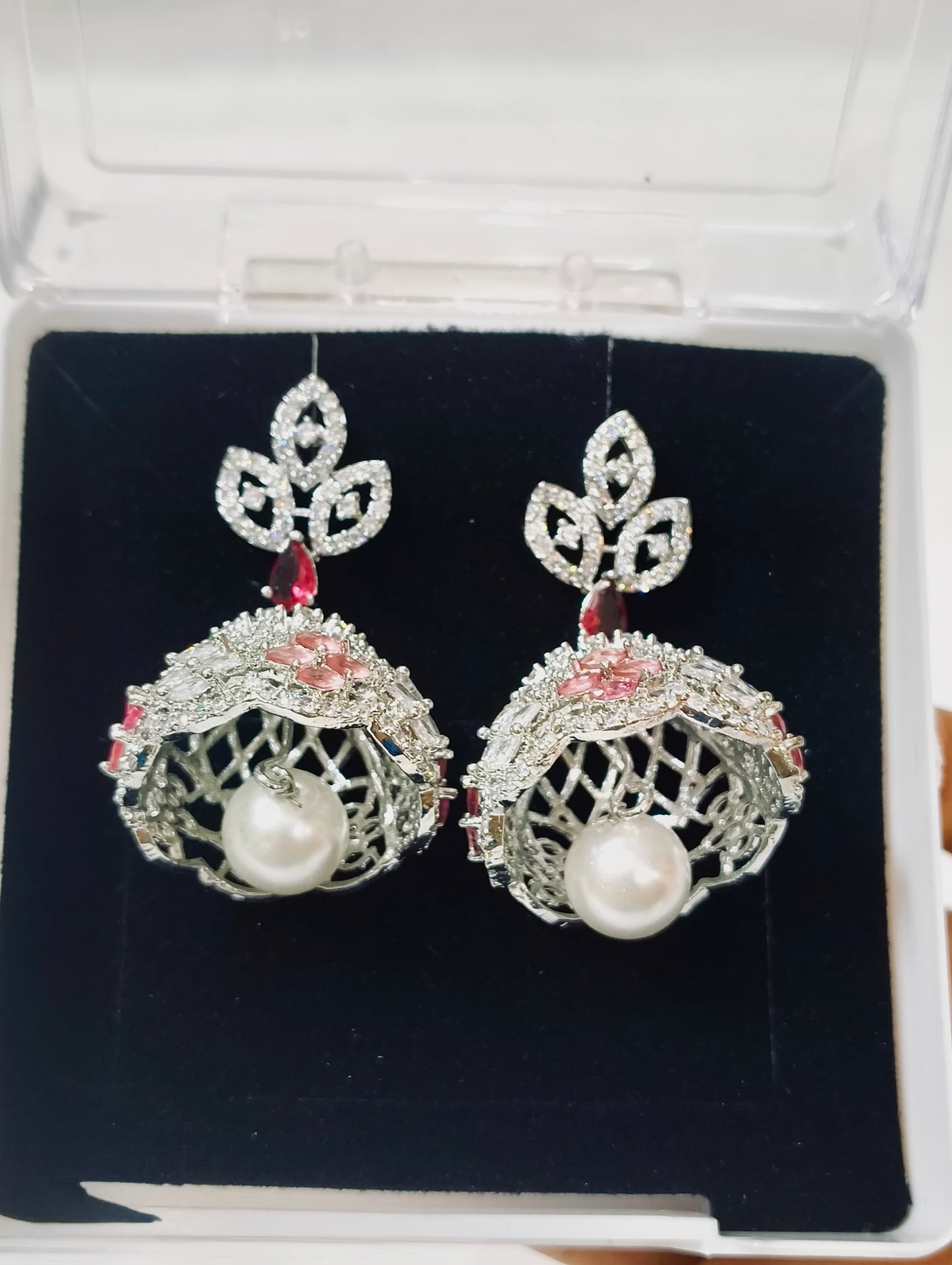 Ruby Red Diamond Finish Pearl Drop Earrings | Festive Bridal Jewellery