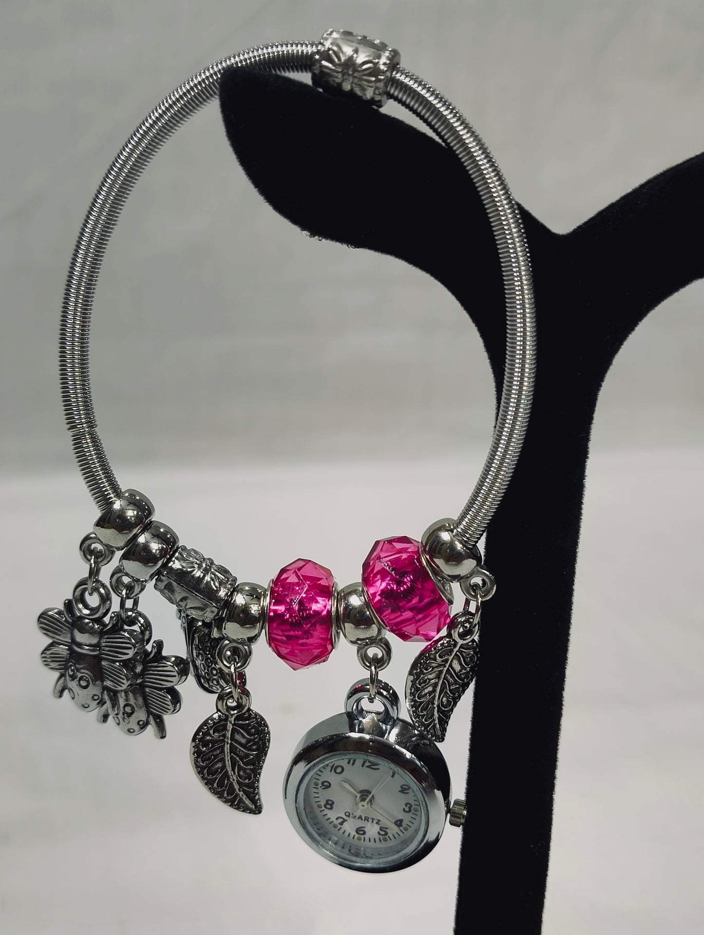 Silver Charm Bracelet Watch β Hot Pink Edition