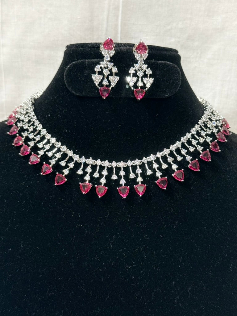 Red American Diamond Necklace Set with Earrings